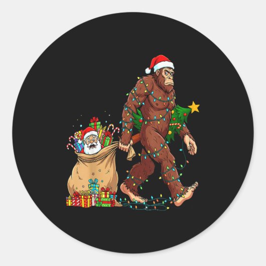Funny Bigfoot Steals Santa & Xmas Tree - Chris Ronde Sticker (Voorkant)