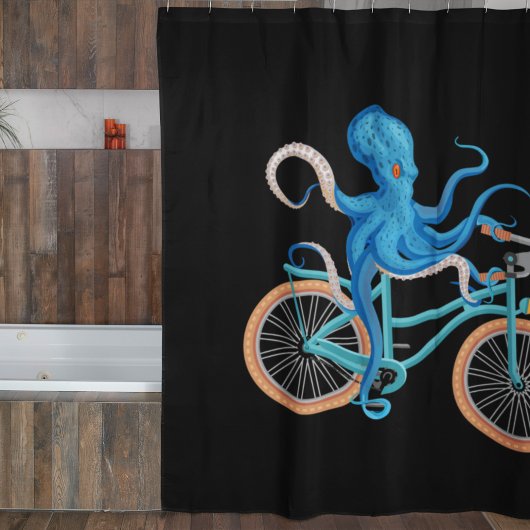 Funny Bike Riding onder het Zee Octopus Black Douchegordijn