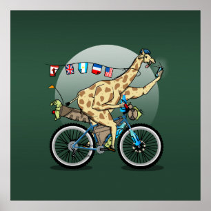Funny bikepacking Giraffe cartoon Poster