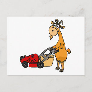 Funny Billy Goat Pushing Lawn Mower Cartoon Briefkaart