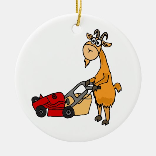 Funny Billy Goat Pushing Lawn Mower Cartoon Keramisch Ornament (Voorkant)