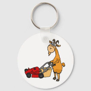 Funny Billy Goat Pushing Lawn Mower Cartoon Sleutelhanger