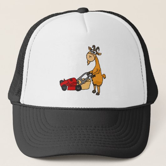 Funny Billy Goat Pushing Lawn Mower Cartoon Trucker Pet (Voorkant)