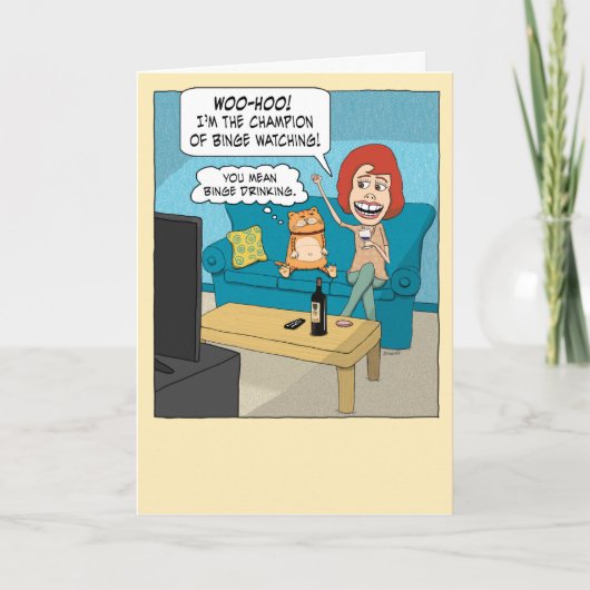 Funny Binge Champion met bruine kat Birthday Kaart (Voorkant)