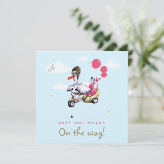 Funny Bird Pink Balloon Simple Cute Zwangerschap Aankondiging (Staand voorkant)