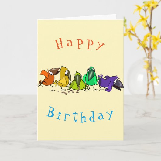 Funny Birds Verjaardag Kaart (Gele Bloem)