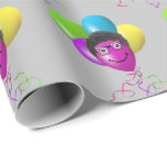 Funny Birthday-ballongezicht op grijs Cadeaupapier<br><div class="desc">Kleurrijke verjaardagsballonnen met kinky haar en een bril op een grijze achtergrond. De achtergrondkleur kan worden gewijzigd.</div>