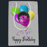 Funny Birthday-ballongezicht op grijs Medium Cadeauzakje<br><div class="desc">Kleurrijke confetti- en verjaardagsballonnen met kinky haar en bril op een grijze achtergrond. De achtergrondkleur kan worden gewijzigd.</div>