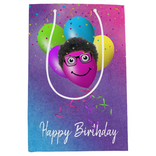Funny Birthday-ballongezicht op regenboog Medium Cadeauzakje (Voorkant)