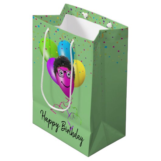 Funny Birthday Balloon Face on Green Medium Cadeauzakje (Voorkant Gekanteld)