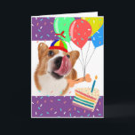 Funny Birthday Corgi je hebt dit gelicentieerd Kaart<br><div class="desc">Grappig verjaardagswenskaart met een corgi-hond die zijn neus likt als een hondenkoekje gebonden aan ballonnen die voorbij drijven. Je hebt dit verjaardagsding geklikt,  bericht binnenin. Kunst,  afbeelding en vers copyright © Shoaff Ballanger Studios,  2022.</div>