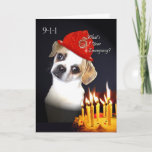 Funny Birthday for Old Friend, Pug Mix Dog Kaart<br><div class="desc">Op deze grappige verjaardagskaart van een oude vriend staat een knappe hond met een brandweerhelm en een brandende verjaardagstaart. Kunst,  afbeelding en vers copyright © Shoaff Ballanger Studios.</div>