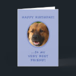 Funny Birthday From Dog To Owner Photo Card Kaart<br><div class="desc">Funny Birthday From Dog To Owner Photo Card with punchline inside features doggie's pic on front and text reading "Happy Birthday to My Very Best Friend!" Inside,  it says... van Ol' Yours Drooly!" Then,  "Love" and his (or her) name. Just upload pup's fotograaf naar get started.</div>