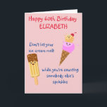Funny Birthday Ice Cream Any Year Add Your Name Kaart<br><div class="desc">Ice cream is always fun and we all love the sprinkles! Cheeky retro kawaii style birthday greeting card with ice cream,  cone and popsicle. Easily personalized for any year and name using the template provided.</div>
