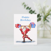 Funny Birthday Kaart Bodybuilder Santa met Cadeaus (Staand voorkant)