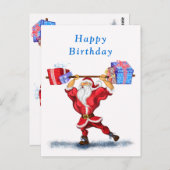 Funny Birthday Kaart Bodybuilder Santa met Cadeaus (Voorkant / Achterkant)