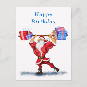 Funny Birthday Kaart Bodybuilder Santa met Cadeaus