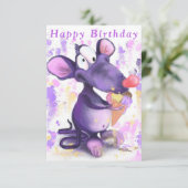 Funny Birthday Kaart Happy Mouse Eat Ice Cream (Staand voorkant)