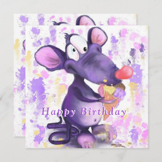 Funny Birthday Kaart Happy Mouse Eat Ice Cream (Voorkant / Achterkant)