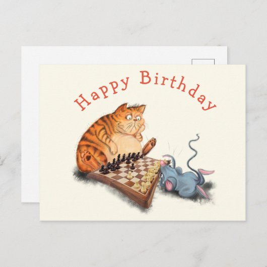 Funny Birthday Kaart Kat en Muis Spelen Schaken (Voorkant / Achterkant)