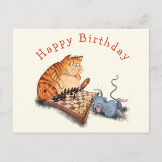 Funny Birthday Kaart Kat en Muis Spelen Schaken (Voorkant)