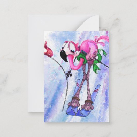 Funny Birthday Kaart met roze flamingo skiër Notitiekaartje (Achterkant)