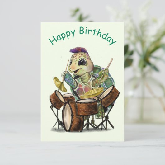 Funny Birthday Kaart met Turtle Drummer (Staand voorkant)