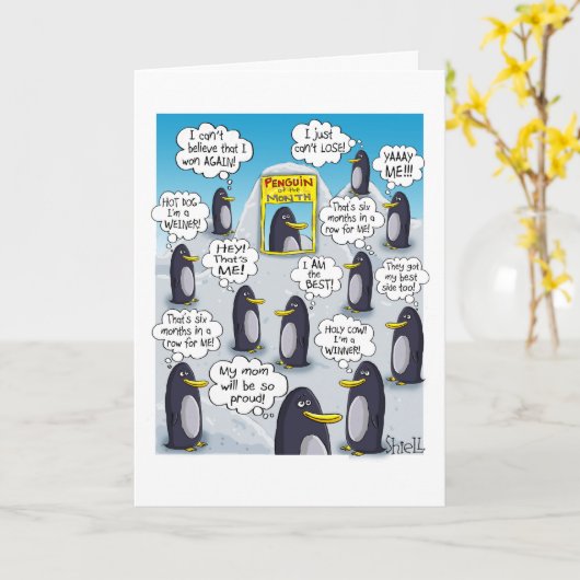FUNNY BIRTHDAY KAART - Pinguïn van de maand. (Gele Bloem)