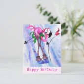 Funny Birthday Kaart Roze Flamingo Skier - Cartoon (Staand voorkant)
