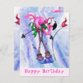 Funny Birthday Kaart Roze Flamingo Skier - Cartoon (Voorkant / Achterkant)
