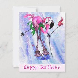 Funny Birthday Kaart Roze Flamingo Skier - Cartoon