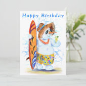Funny Birthday Kaart Zomer Sneeuwman Surfer (Staand voorkant)