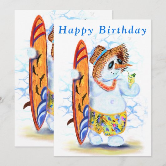 Funny Birthday Kaart Zomer Sneeuwman Surfer (Voorkant / Achterkant)