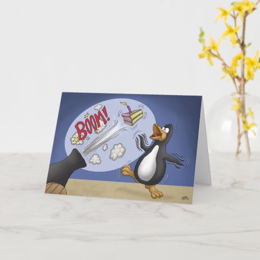 Funny Birthday-kaarten: Penguin Cake Cannon Kaart (Gele Bloem)