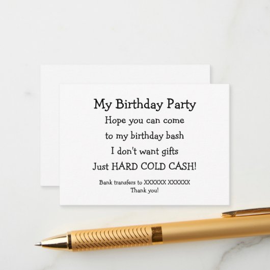 Funny Birthday No Gifts Money Poem Enclosure Card Informatiekaartje (Voorkant / Achterkant in situ)