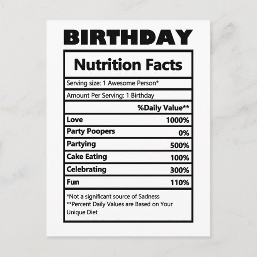 Funny Birthday Nutrition Facts Briefkaart (Voorkant)