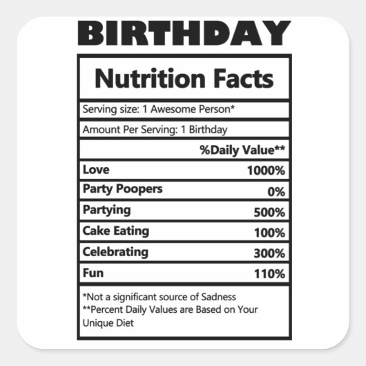 Funny Birthday Nutrition Facts Vierkante Sticker (Voorkant)