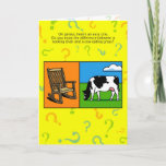 Funny Birthday Riddle Kaart<br><div class="desc">Funny Birthday draait rond met cartoon kunst van een koe en een schommelstoel. Het antwoord is eenvoudig maar de opstelling lijkt alsof het een moeilijk raadsel is.</div>