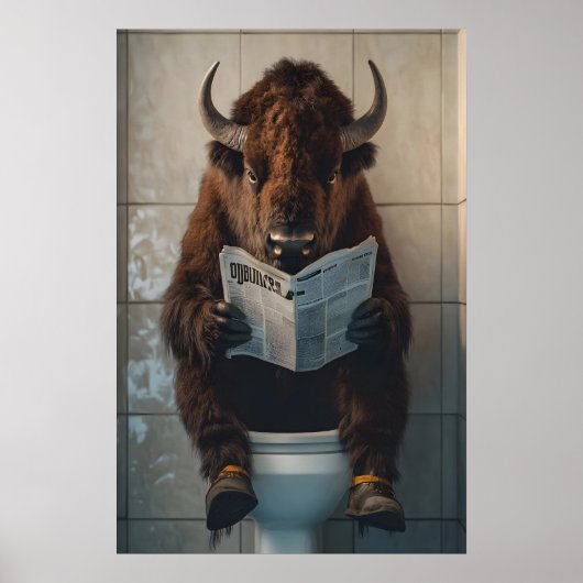 Funny Bison Bathroom Print, Toilet Newspaper Art Poster (Voorkant)