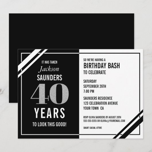 Funny Black and White 40th Birthday Party Kaart (Voorkant / Achterkant)
