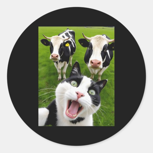 Funny Black And White Cat Cow Selfie  Ronde Sticker (Voorkant)