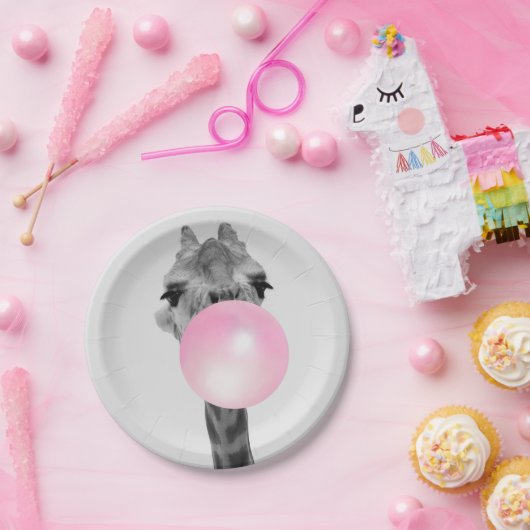 Funny Black and White Giraffe met Bubble Gum Papieren Bordje (Feest)