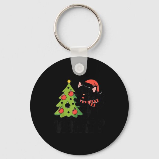 Funny Black Ca Pushing Christmas Tree Over Cat Wha Sleutelhanger (Voorkant)