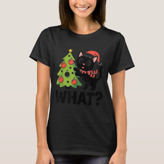 Funny Black Ca Pushing Christmas Tree Over Cat Wha T-shirt (Voorkant)