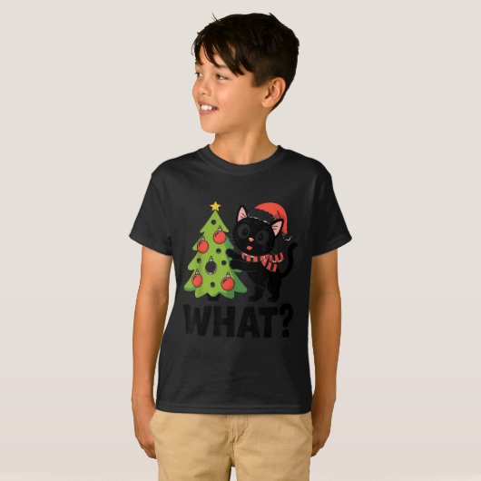 Funny Black Ca Pushing Christmas Tree Over Cat Wha T-shirt (Voorkant volledig)