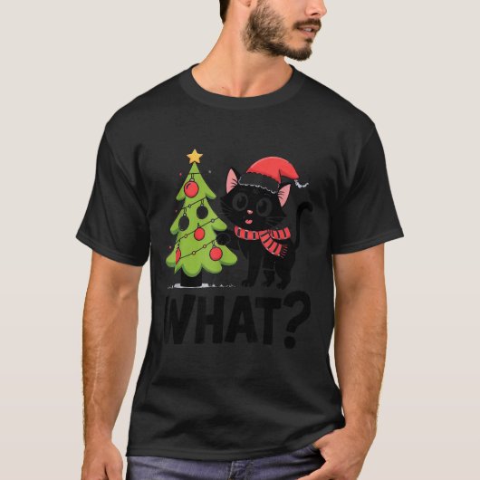 Funny Black Ca Pushing Christmas Tree Over Cat Wha T-shirt (Voorkant)