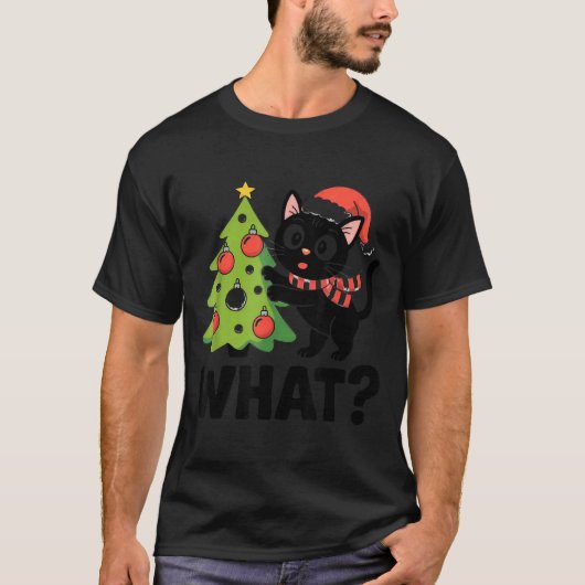 Funny Black Ca Pushing Christmas Tree Over Cat Wha T-shirt (Voorkant)