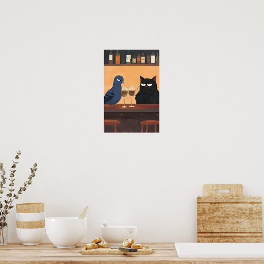 Funny Black Cat and Bird Poster (Keuken)