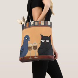 Funny Black Cat and Bird Tote Bag