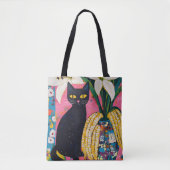 Funny Black Cat and Flower Vase Tote Bag (Voorkant)